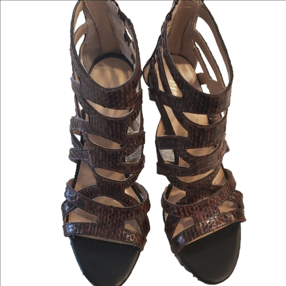 Marc Fisher Leana2 brown croc embossed strappy heeled sandal